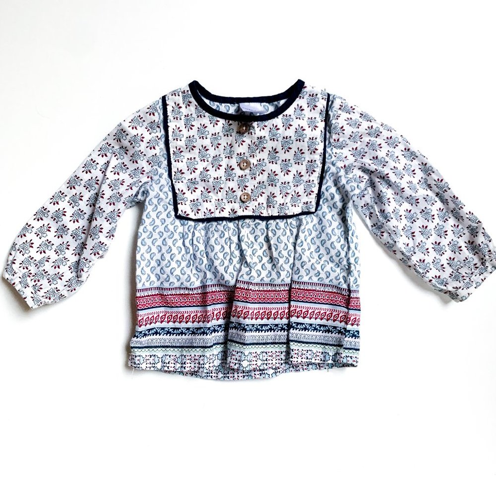 carter's long sleeved blue + white top 9 mos